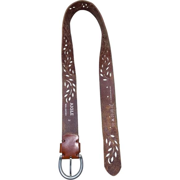 AIGLE Brown Perforated Laser Cut Real Leather Silver Buckle Belt   75 cm / 30 in - Picture 6 of 6